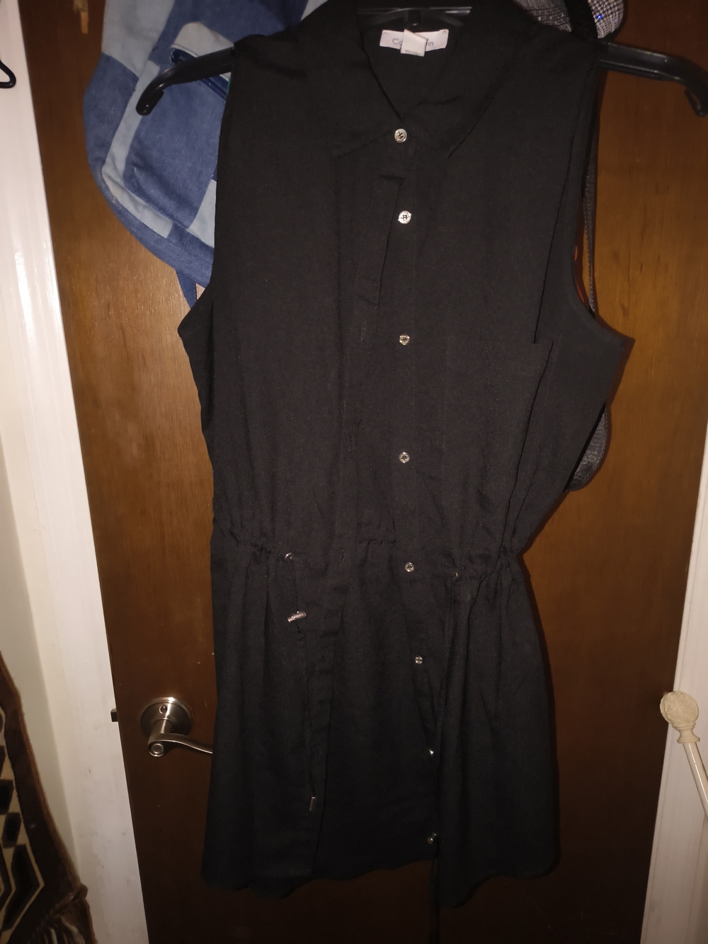 Sleeveless Black Button-Front Drawstring Dress